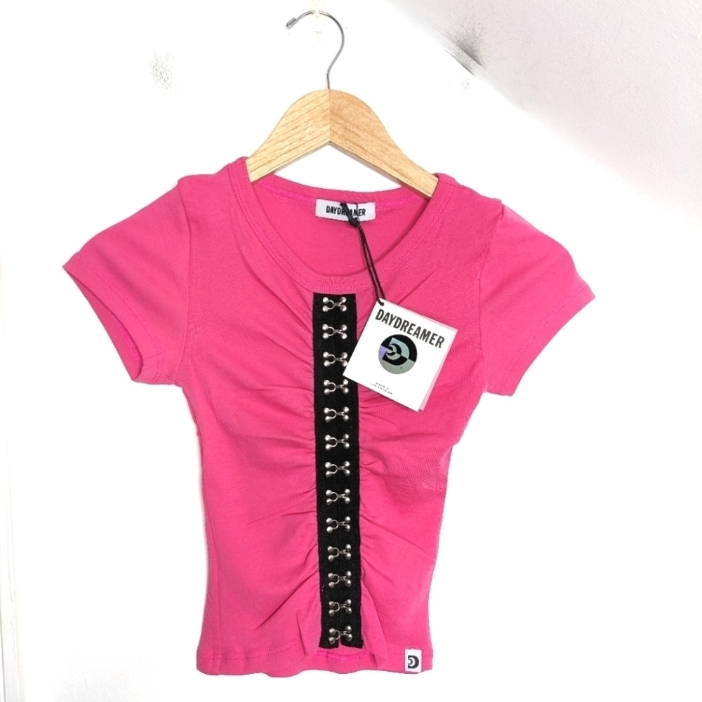 DAYDREAMER Hook & Eye Ribbed Cotton Baby Tee Pink Cosmo NEW Size XS